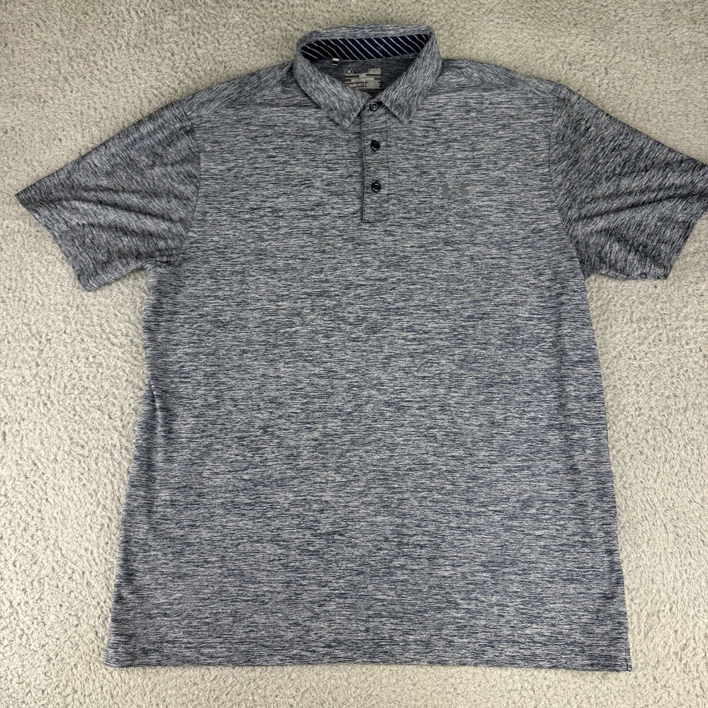 Under Armour Golf Polo Shirt Mens Large Loose Fit Heat Gear Stretch Blue Hearher